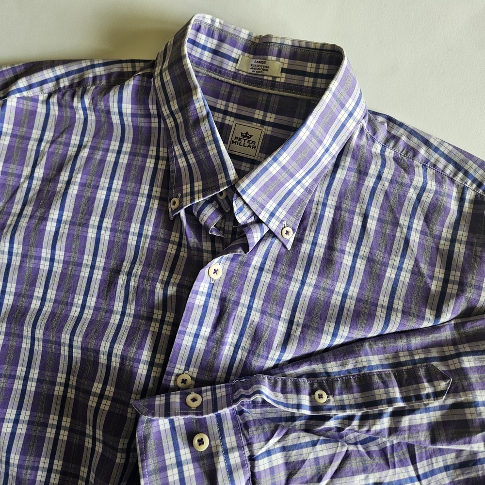 Peter Millar Mens L Purple Check Plaid Button Down Long Sleeve Shirt Business